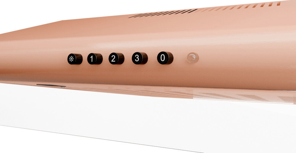 OKAP AKPO WK-7 ZK-50 Widzimy fragment okapu z pięcioma okrągłymi przyciskami na froncie, oznaczonymi symbolem światła oraz cyframi 1, 2, 3 i 0. Powyżej znajdują się podłużne szczeliny wentylacyjne, które odprowadzają powietrze z wnętrza urządzenia turbina Wydajność 278 łatwe sterowanie przyciskami mechaniczne