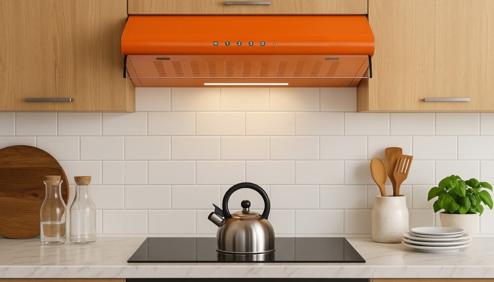 OKAP AKPO WK-7 ZK-50 Pokazuje aranżację kuchni z okapem podszafkowym nad płytą grzewczą, oświetlającym blat równą smugą światła. Na blacie ustawiono czajnik, blok z nożami, zioła w doniczce oraz metalowy stojak z owocami, co tworzy uporządkowaną strefę gotowania
