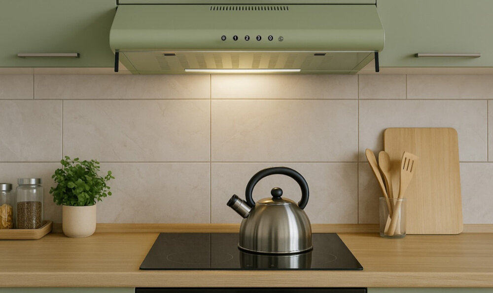OKAP AKPO WK-7 ZK-60 Pokazuje aranżację kuchni z okapem podszafkowym nad płytą grzewczą, oświetlającym blat równą smugą światła. Na blacie ustawiono czajnik, blok z nożami, zioła w doniczce oraz metalowy stojak z owocami, co tworzy uporządkowaną strefę gotowania