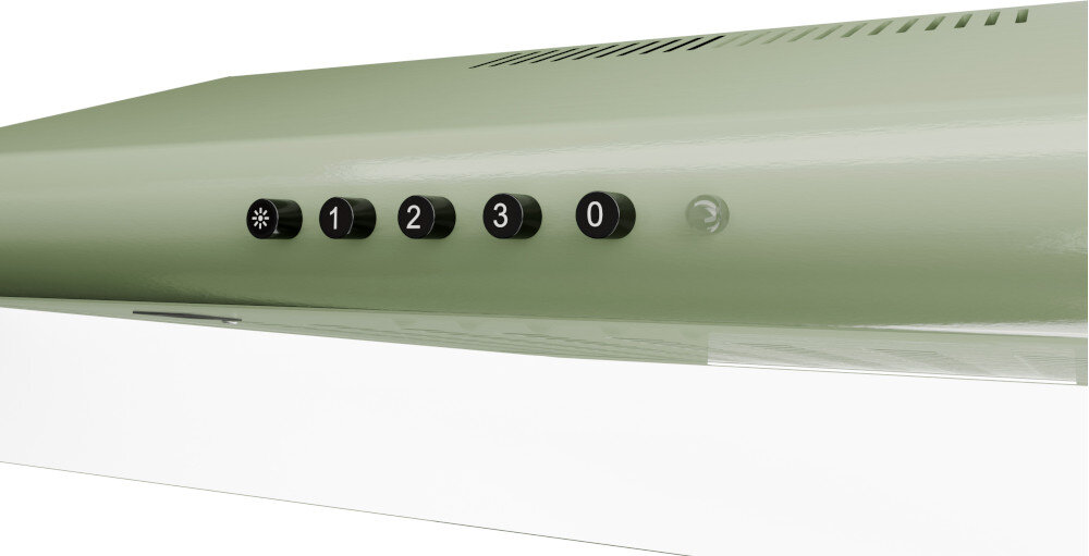 OKAP AKPO WK-7 ZK-60 Widzimy fragment okapu z pięcioma okrągłymi przyciskami na froncie, oznaczonymi symbolem światła oraz cyframi 1, 2, 3 i 0. Powyżej znajdują się podłużne szczeliny wentylacyjne, które odprowadzają powietrze z wnętrza urządzenia turbina Wydajność 278 łatwe sterowanie przyciskami mechaniczne