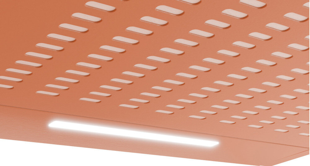 OKAP AKPO WK-7 ZK-60 Przedstawia okap podszafkowy widziany od frontu, z podłużną listwą świetlną LED w górnej części panelu oraz gęstym rzędem prostokątnych perforacji zasysających powietrze. Powierzchnia okapu jest gładka i błyszcząca, co podkreśla prostą, jednolitą formę urządzenia. światło led jasne energooszczędne oświetlenie