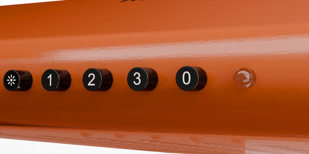 OKAP AKPO WK-7 ZK-60 Widzimy fragment okapu z pięcioma okrągłymi przyciskami na froncie, oznaczonymi symbolem światła oraz cyframi 1, 2, 3 i 0. Powyżej znajdują się podłużne szczeliny wentylacyjne, które odprowadzają powietrze z wnętrza urządzenia turbina Wydajność 278 łatwe sterowanie przyciskami mechaniczne