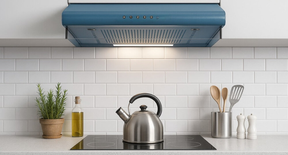 OKAP AKPO WK-7 ZK-60 Pokazuje aranżację kuchni z okapem podszafkowym nad płytą grzewczą, oświetlającym blat równą smugą światła. Na blacie ustawiono czajnik, blok z nożami, zioła w doniczce oraz metalowy stojak z owocami, co tworzy uporządkowaną strefę gotowania