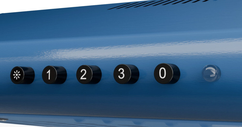 OKAP AKPO WK-7 ZK-60 Widzimy fragment okapu z pięcioma okrągłymi przyciskami na froncie, oznaczonymi symbolem światła oraz cyframi 1, 2, 3 i 0. Powyżej znajdują się podłużne szczeliny wentylacyjne, które odprowadzają powietrze z wnętrza urządzenia turbina Wydajność 278 łatwe sterowanie przyciskami mechaniczne