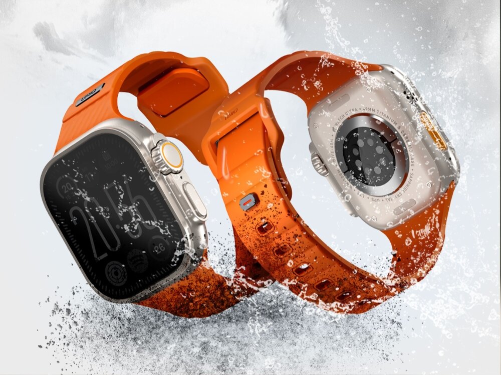 Pasek UNIQ Stride do Apple Watch 4/5/6/7/8/9/SE/SE2 (38/40/41mm) Khaki, Gotowy na każdą wyprawę, Prezentacja woodporności opaski wraz z zegarkiem