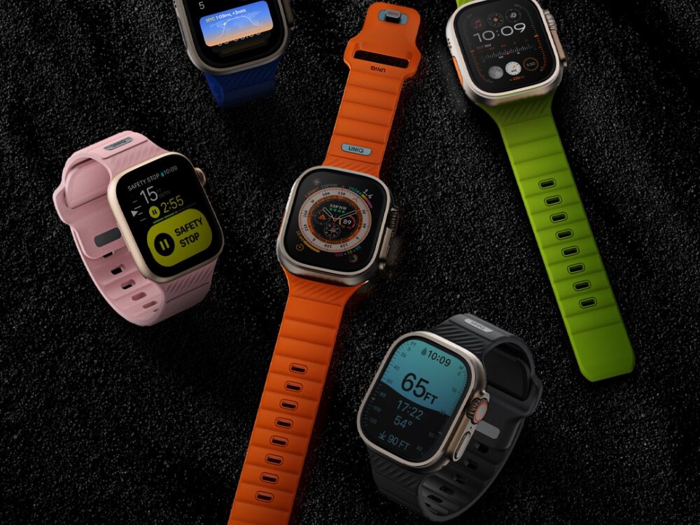 Pasek UNIQ Stride do Apple Watch 4/5/6/7/8/9/SE/SE2 (38/40/41mm) Khaki, Dla aktywnych bez granic, Dłoń chwyta materiał skalny, na nadgarstku prezentacja paska wraz z zegarkiem