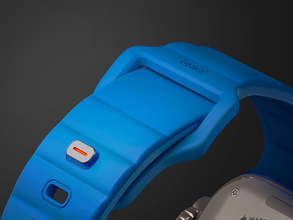 Pasek UNIQ Stride do Apple Watch 4/5/6/7/8/9/SE/SE2/Ultra/Ultra 2 (42/44/45/49mm) Szary, Zapięcie z myślą o ruchu, Zbliżenie na zapięcie opaski