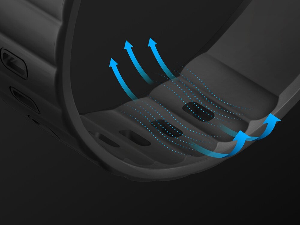 Pasek UNIQ Stride do Apple Watch 4/5/6/7/8/9/SE/SE2/Ultra/Ultra 2 (42/44/45/49mm) Ciemnozielony, Swoboda i wentylacja, Wizualizacja opaski wraz z prezentacją wentylacji