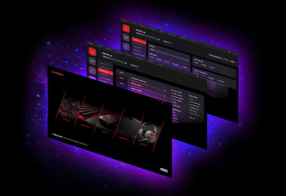 Monitor AOC Agon Pro AG276UZD Trzy nachodzące na siebie okna programu do konfiguracji ustawień, prezentujące opcje personalizacji parametrów ekranu oraz podłączonych akcesoriów