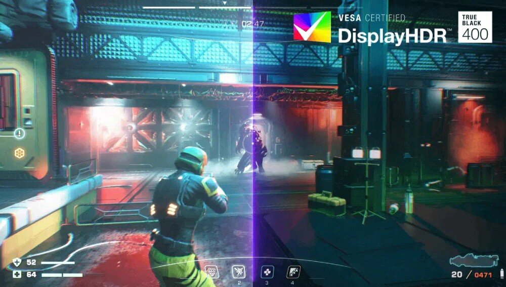 Monitor AOC Agon Pro AG276UZD Scena z gry komputerowej ukazująca podział ekranu oraz logo 'DisplayHDR 400'