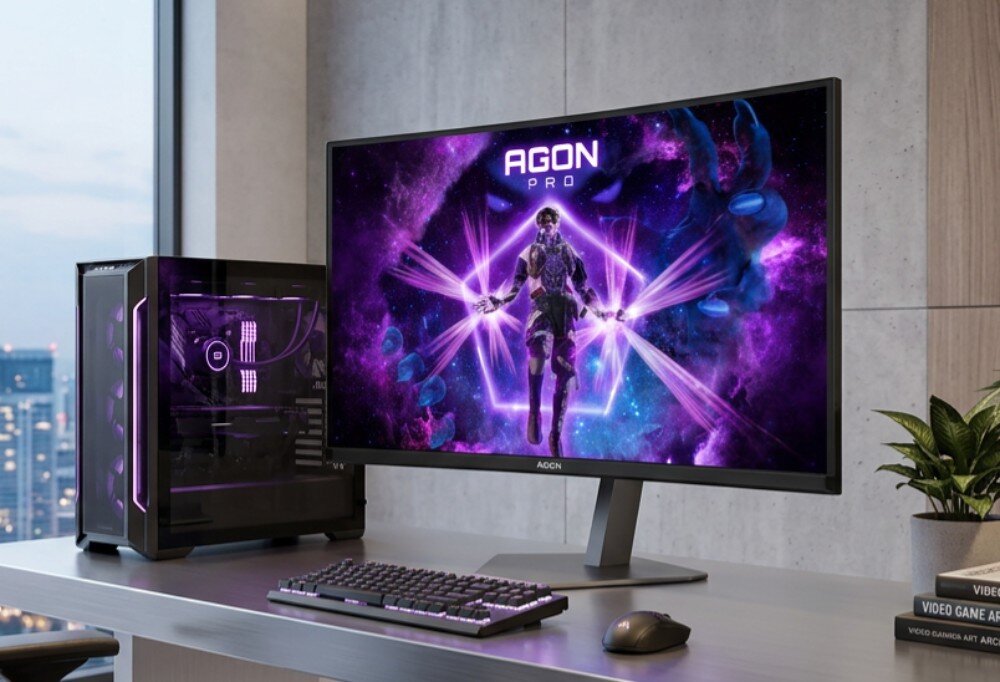 Monitor AOC Agon Pro AG276UZD Stanowisko komputerowe z monitorem, jednostką centralną i akcesoriami na biurku