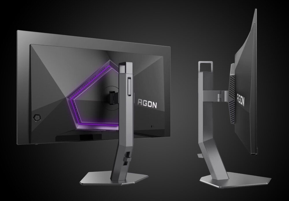 Monitor AOC Agon Pro AG276UZD Dwa ujęcia obudowy z tyłu oraz z boku, ukazujące konstrukcję podstawy i profil