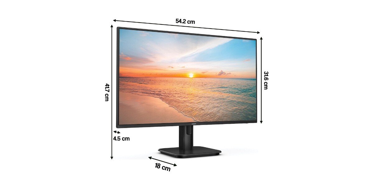 Monitor PHILIPS 24E1N1200A na białym tle - widoczne są wymiary monitora.