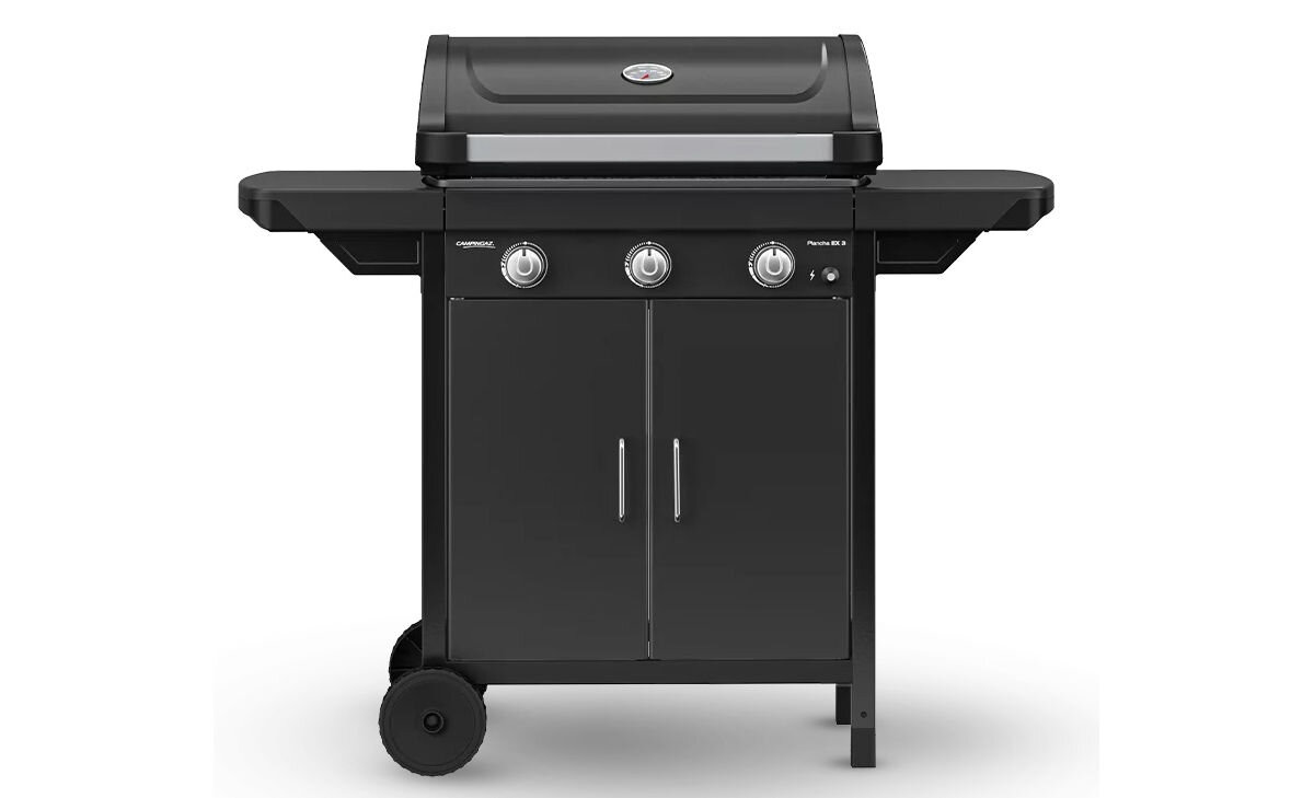 Grill gazowy CAMPINGAZ Plancha EX3, butla, gaz, drzwi, estetycznie, na białym tle frontem na wprost grill