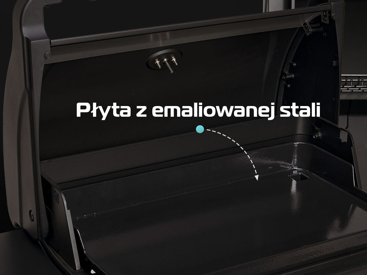 Grill gazowy CAMPINGAZ Plancha EX3, stal, aluminium, wytrzymałość, gwarancja, na czarnym tle zbliżenie na płytę grill z opisem płyta z emaliowanej stali