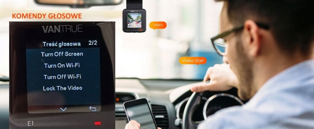 Wideorejestrator VANTRUE E1 obiektyw rozdzielczość nagrywanie kąt zapis sensor czujnik montaż wymiary ładowanie zasilanie auto samochód rejestrowanie karta pamięć pojemność ładowarka obraz zdjęcia filmy aplikacja sterowanie