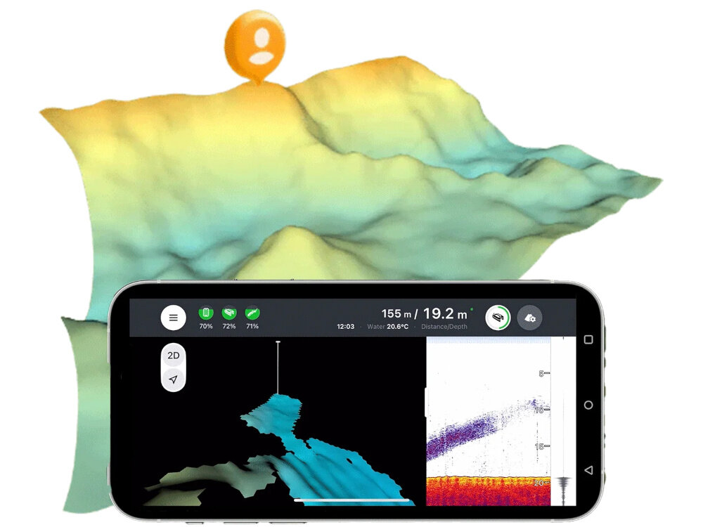 Łódka zanętowa DEEPER Quest DQ0H10S10 telefon na białym tle Kompatybilność z Fish Deeper Wi-Fi odczyty echosondy sterowanie łódką mapowanie zarządzanie trasami planować trasy autopilota obserwować dane z wody zarządzać zapisanymi informacjami Obsługa przez telefon lub tablet