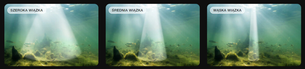 Łódka zanętowa DEEPER Quest DQ0H10S10 pokazane trzy wiązki Wbudowana echosonda CHIRP trzech kątach wiązki: 7°, 20° i 47° częstotliwości 100, 240 oraz 675 kHz Maksymalna głębokość odczytu wynosi do 100 m separacja celu do 1 cm
