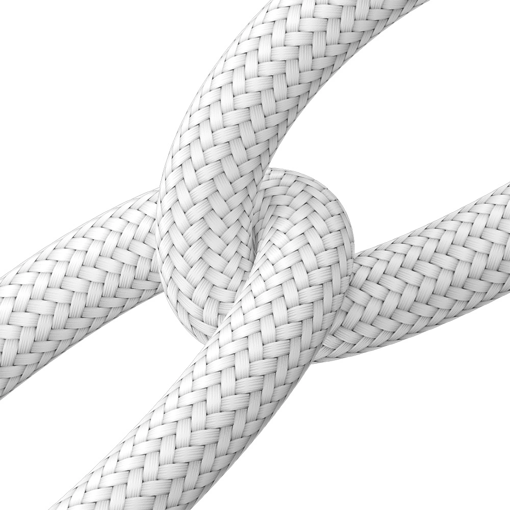 Obraz przedstawia biały kabel z plecioną strukturą, zawiązany w węzeł. Kabel ma gładką, teksturowaną powierzchnię.