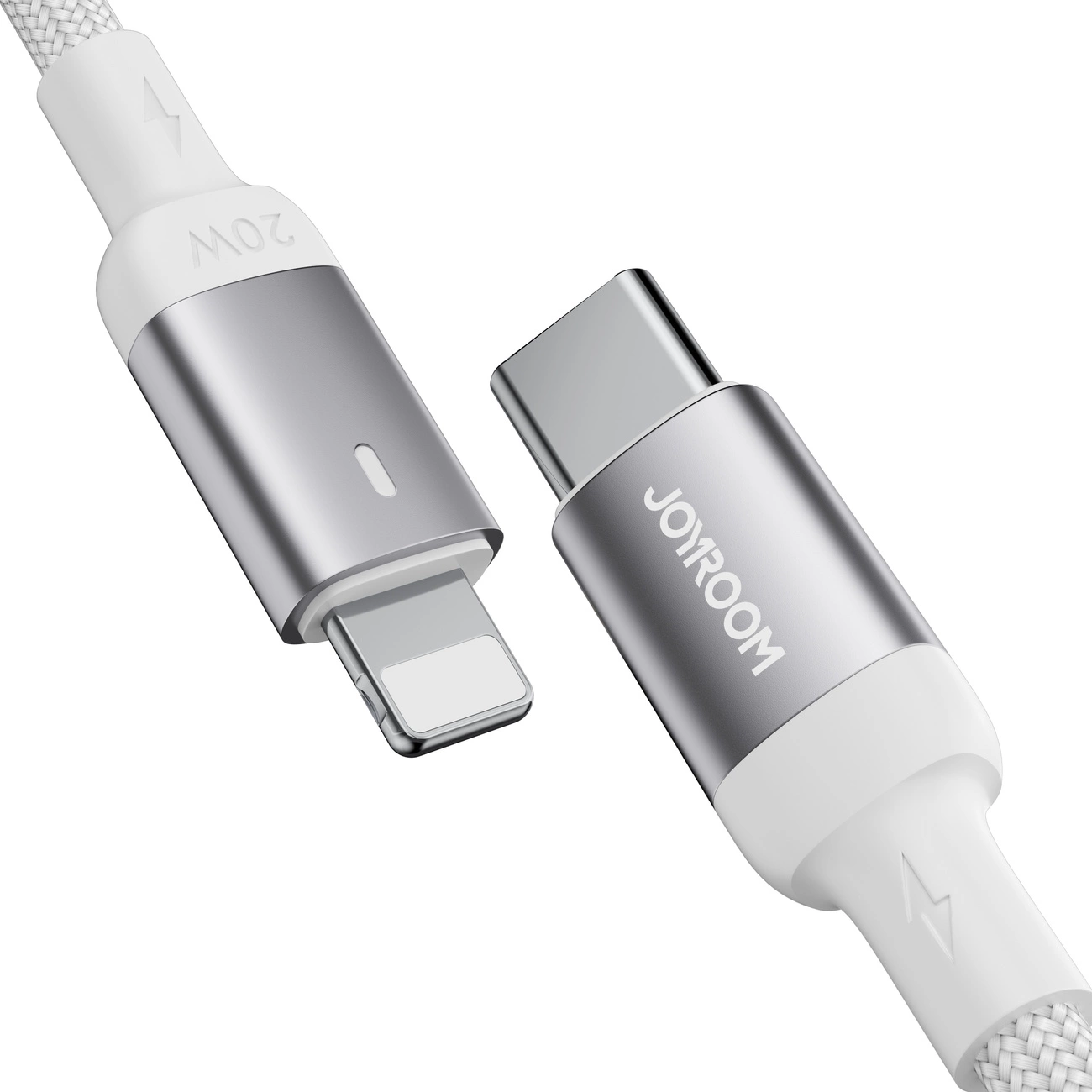 Zdjęcie przedstawia biały kabel z końcówkami Lightning i USB-C, z metalicznymi elementami. Na jednej z końcówek widoczne jest logo \'JOYROOM\' oraz oznaczenie \'20W\'.