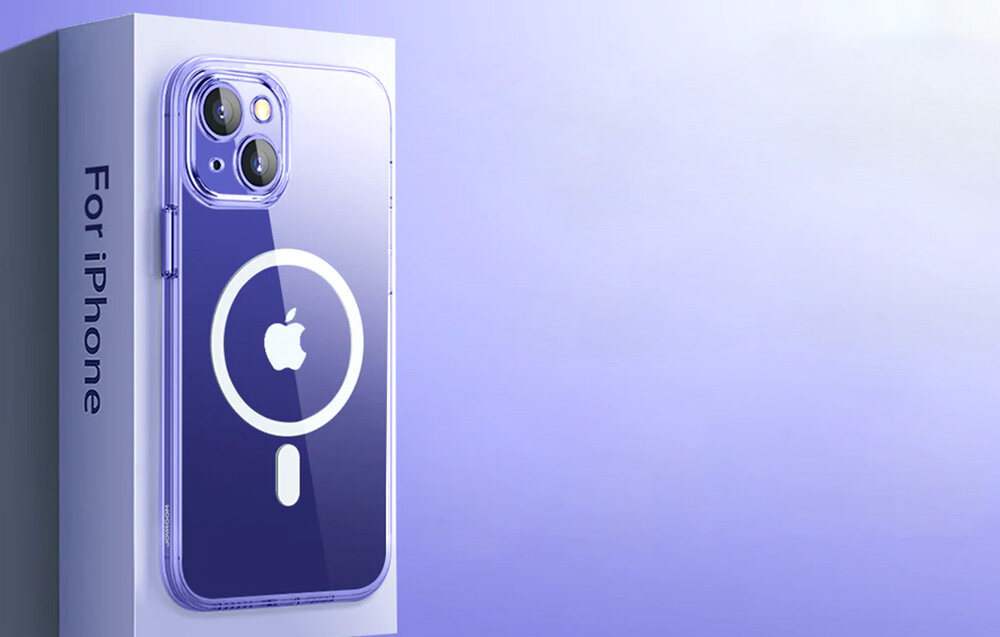 Na obrazie widoczne jest przezroczyste etui magnetyczne z okrągłym symbolem i logo jabłka, przeznaczone do iPhone. Obok etui znajduje się pudełko z napisem \'For iPhone\'.