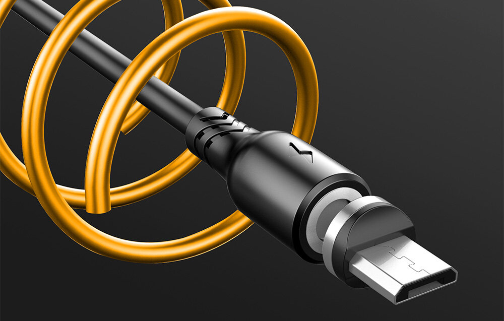 Czarny kabel z magnetyczną końcówką USB, otoczony spiralnym, złotym przewodem. Końcówka ma symbol błyskawicy.