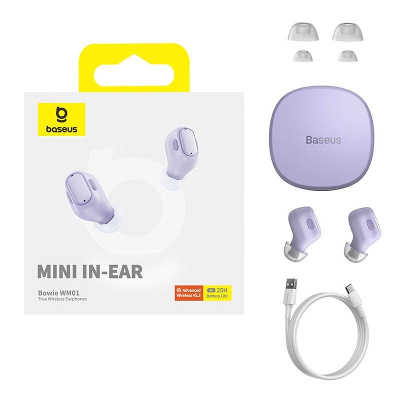 Na obrazie widoczne są fioletowe słuchawki bezprzewodowe Baseus Bowie WM01 wraz z etui ładującym, dodatkowymi gumkami i kablem USB. Opakowanie zawiera logo Baseus oraz napisy \'MINI IN-EAR\' i \'Bowie WM01 True Wireless Earphones\'.