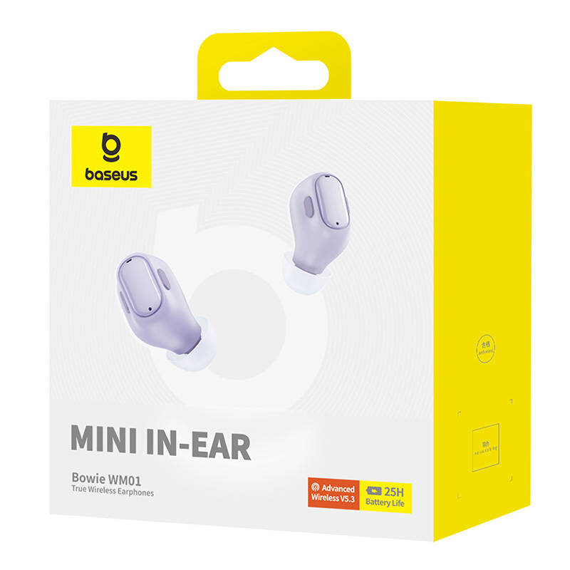 Opakowanie słuchawek bezprzewodowych w kolorze fioletowym z logo \'baseus\' na żółtym tle. Widoczny napis: \'MINI IN-EAR Bowie WM01 True Wireless Earphones\' oraz ikony \'Advanced Wireless V5.3\' i \'25H Battery Life\'.