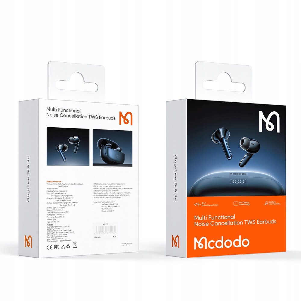 Opakowanie słuchawek bezprzewodowych Mcdodo z funkcją redukcji szumów, przedstawiające zdjęcia produktu oraz logo Mcdodo. Widoczny tekst: \'Multi Functional Noise Cancellation TWS Earbuds\'.