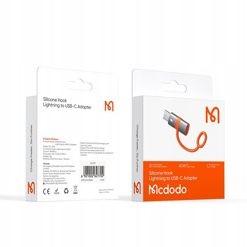 Opakowanie produktu Mcdodo Adapter Przejściówka USB-C do Lightning z widocznym logo Mcdodo. Na opakowaniu znajduje się tekst: \'Silicone Hook Lightning to USB-C Adapter\'.