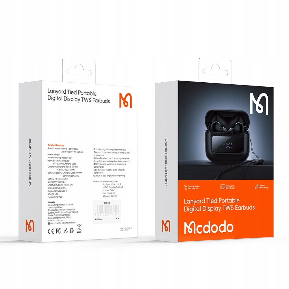 Opakowanie słuchawek bezprzewodowych Mcdodo z mikrofonem, etui i paskiem. Na przodzie widoczny jest obraz słuchawek w etui oraz tekst: \'Lanyard Tied Portable Digital Display TWS Earbuds\'.