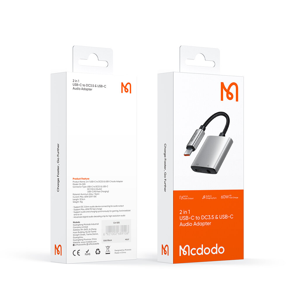 Opakowanie produktu Mcdodo Adapter USB-C do DC3.5 i USB-C Audio Adapter z widocznym logo Mcdodo. Na opakowaniu znajduje się zdjęcie adaptera oraz informacje o jego funkcjach i specyfikacji technicznej.