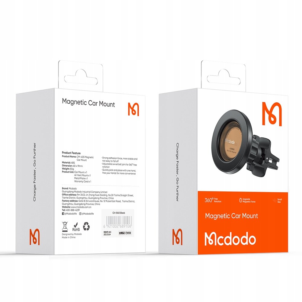 Opakowanie produktu \'Magnetic Car Mount\' marki Mcdodo, z widocznym uchwytem magnetycznym na kratkę wentylacyjną. Na opakowaniu znajdują się informacje o produkcie oraz logo Mcdodo.