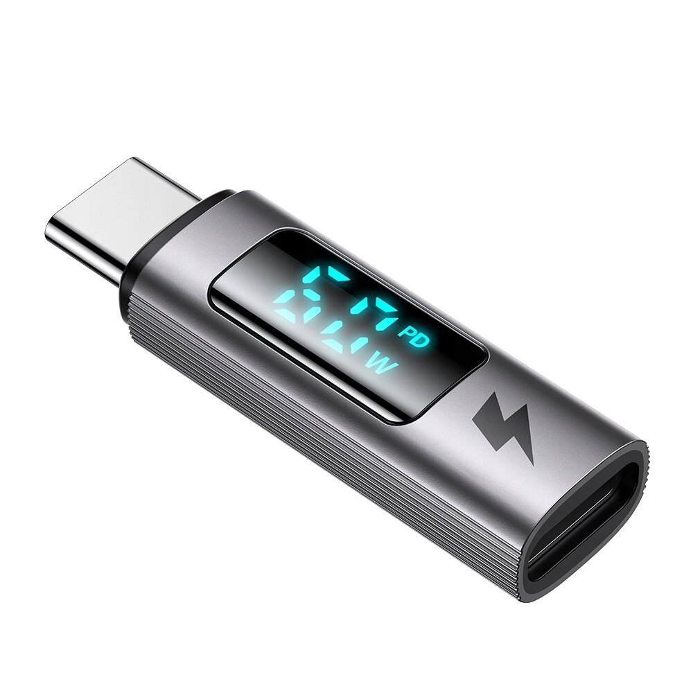 Srebrny adapter USB-C z wyświetlaczem pokazującym \'17 PD 60 W\' oraz symbolem błyskawicy na obudowie.