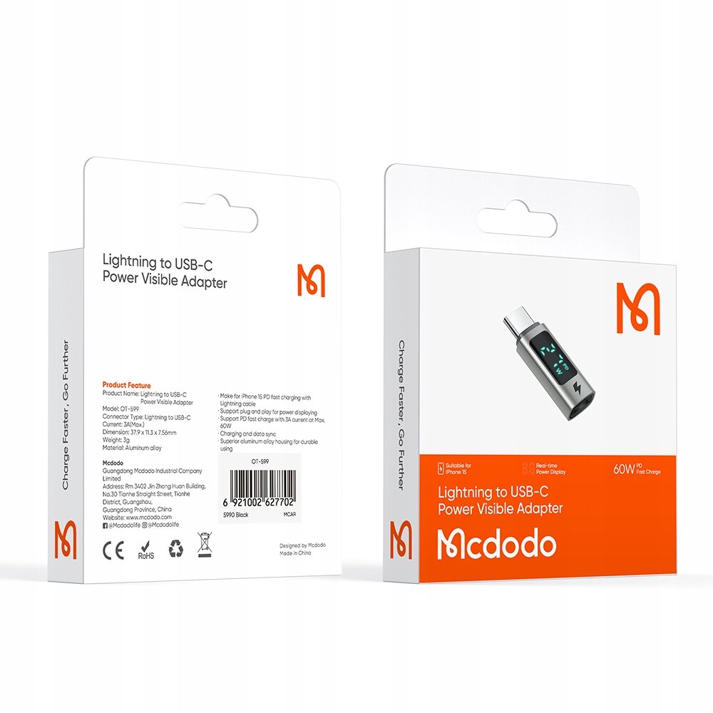 Opakowanie produktu Mcdodo Adapter Przejściówka USB-C do Lightning z widocznym adapterem i tekstem \'Lightning to USB-C Power Visible Adapter\'. Na opakowaniu znajdują się informacje techniczne oraz logo Mcdodo.