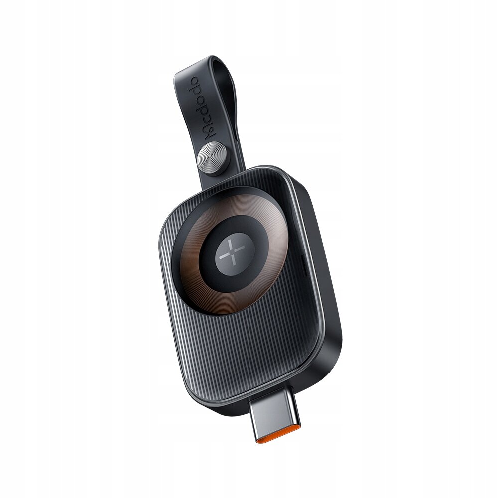 Na obrazie widoczna jest czarna ładowarka indukcyjna z portem USB-C i paskiem z napisem \'Mcdodo\'.