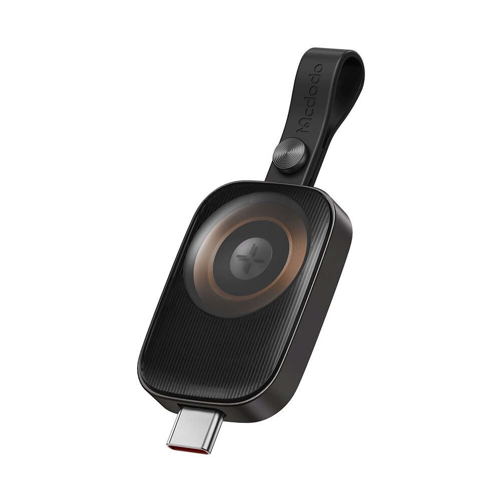 Czarna ładowarka indukcyjna z portem USB-C i okrągłym miejscem do ładowania. Na pasku widoczne jest logo \'Mcdodo\'.