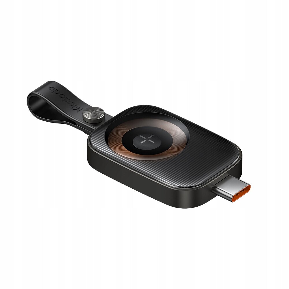 Czarna ładowarka indukcyjna z portem USB-C i paskiem z napisem \'Mcdodo\'.