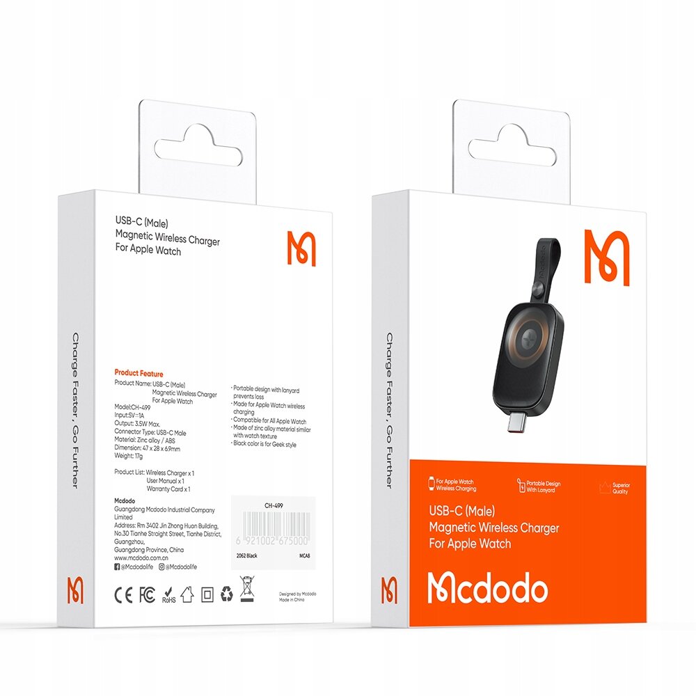 Opakowanie produktu Mcdodo z ładowarką indukcyjną USB-C do Apple Watch, z widocznym logo i opisem funkcji. Na opakowaniu znajduje się zdjęcie ładowarki oraz informacje techniczne.