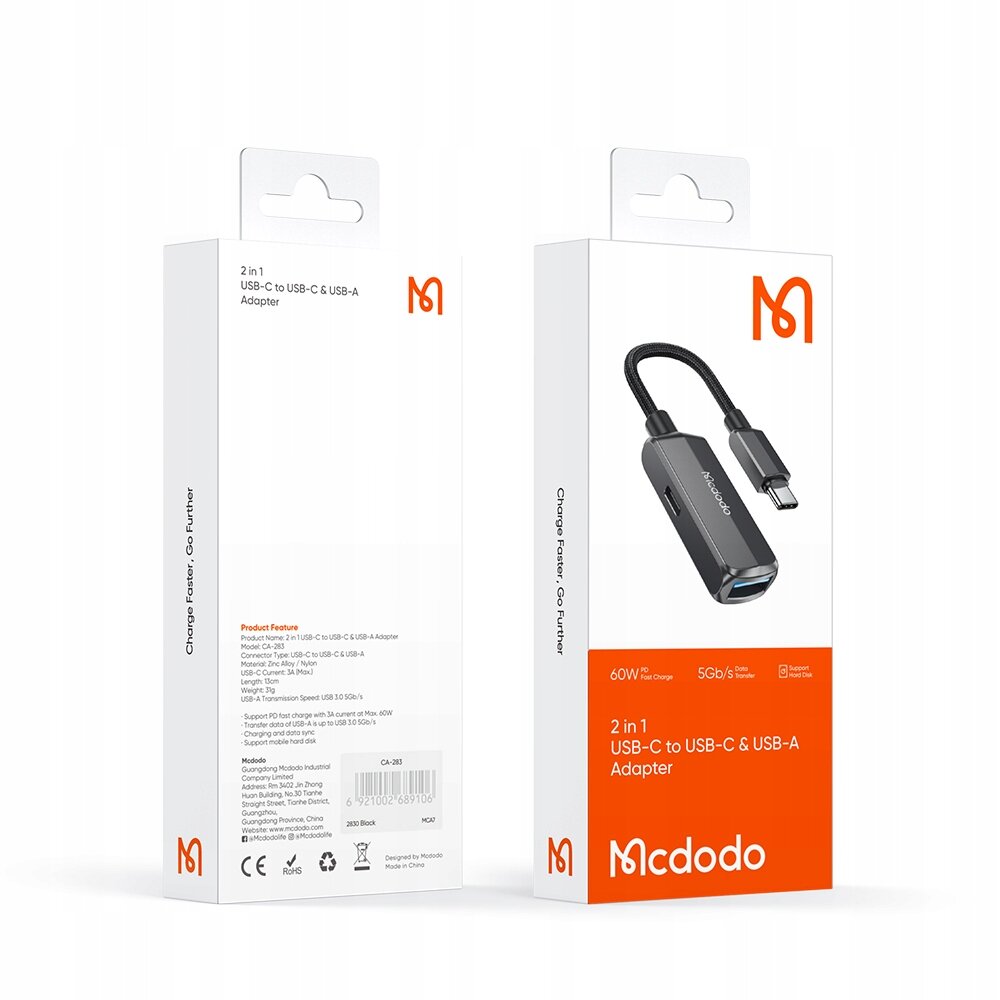 Opakowanie produktu Mcdodo z przejściówką USB-C na USB-C i USB-A. Widoczne są napisy: \'2 in 1 USB-C to USB-C & USB-A Adapter\' oraz \'Charge Faster, Go Further\'.