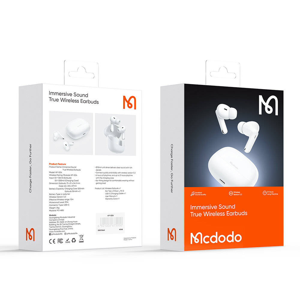 Opakowanie słuchawek bezprzewodowych dousznych z mikrofonem w kolorze białym, z logo Mcdodo i napisem \'Immersive Sound True Wireless Earbuds\'.