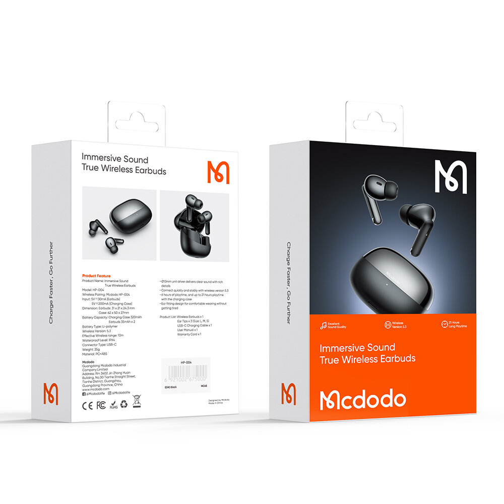 Opakowanie słuchawek bezprzewodowych dousznych z mikrofonem w kolorze czarnym, z logo Mcdodo i napisem \'Immersive Sound True Wireless Earbuds\'.