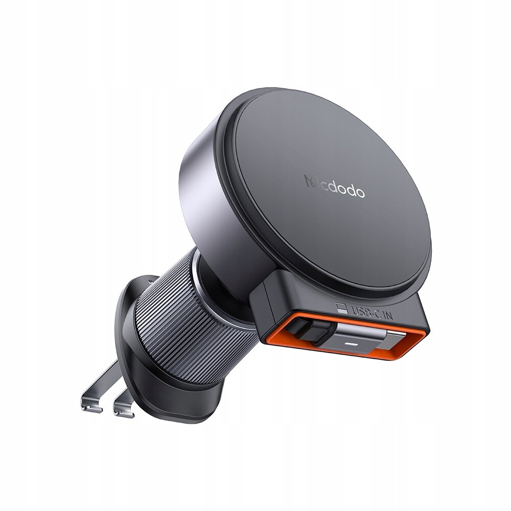 Na obrazie widoczny jest czarny uchwyt samochodowy na telefon z funkcją ładowania indukcyjnego. Na urządzeniu znajduje się napis \'Mcdodo\' oraz oznaczenie \'USB-C IN\'.