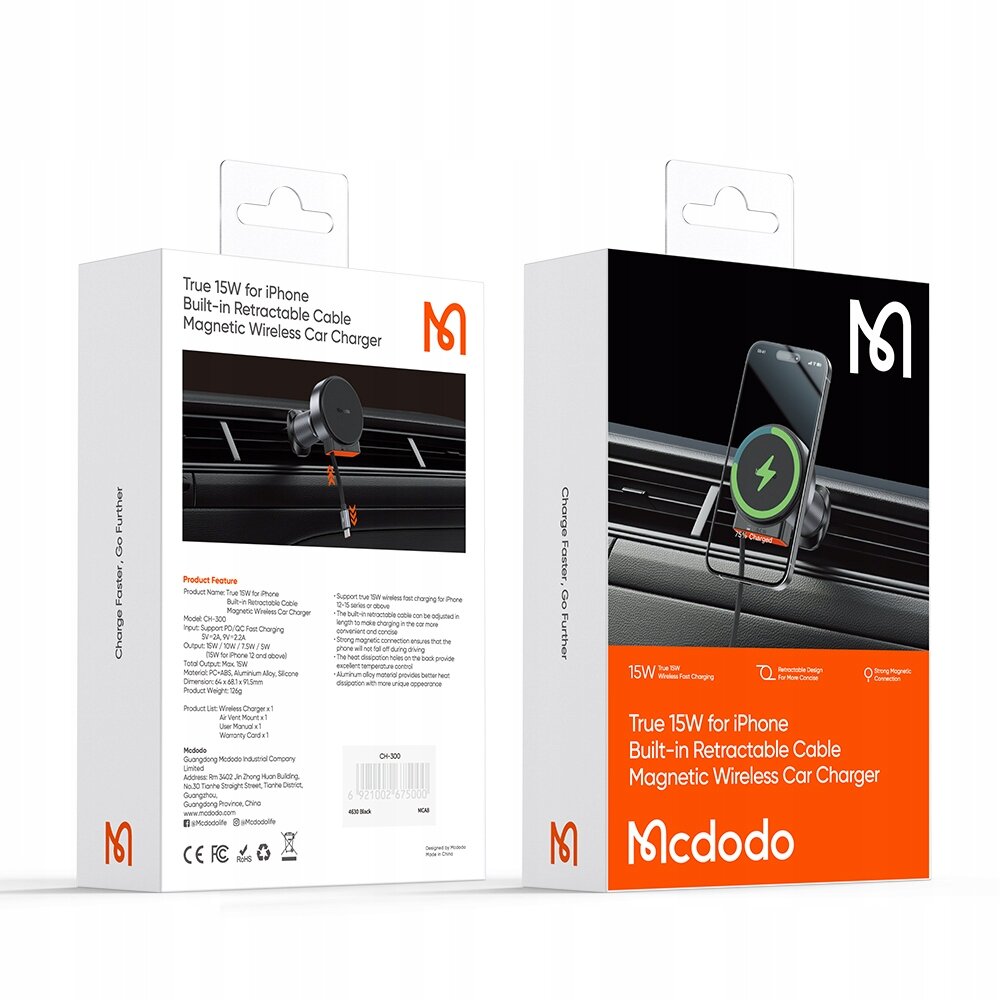 Opakowanie produktu Mcdodo z uchwytem samochodowym na telefon i ładowarką indukcyjną. Widoczny jest tekst: \'True 15W for iPhone Built-in Retractable Cable Magnetic Wireless Car Charger\'.