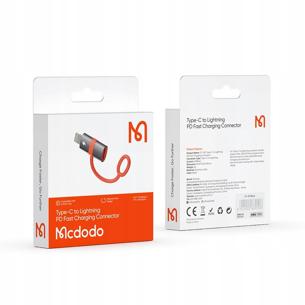 Opakowanie produktu Mcdodo Adapter Przejściówka USB-C do Lightning z widocznym logo Mcdodo. Na opakowaniu znajduje się tekst: \'Type-C to Lightning PD Fast Charging Connector\'.