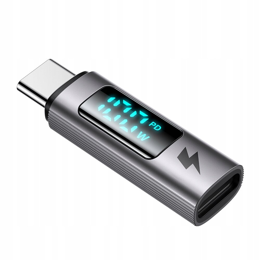 Srebrny adapter USB-C z wyświetlaczem pokazującym \'177 PD W\' oraz symbolem błyskawicy na obudowie.