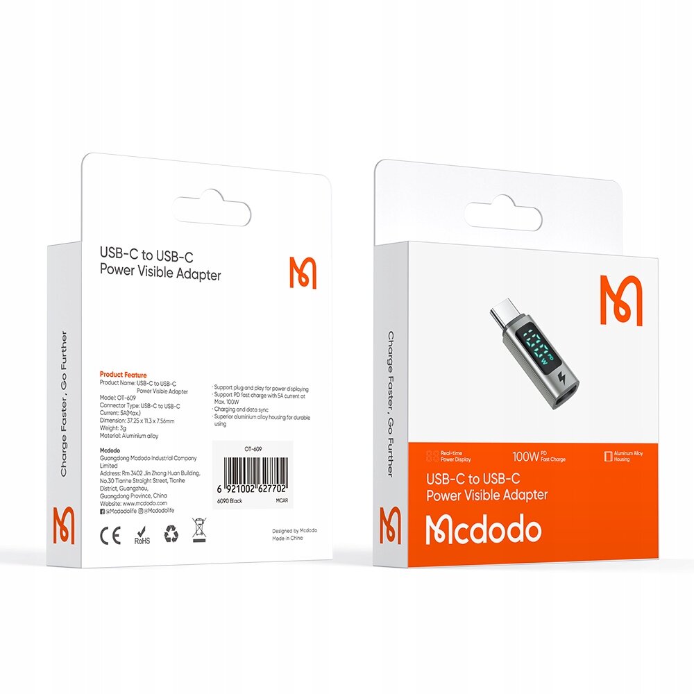 Opakowanie produktu Mcdodo Adapter Przejściówka USB-C USB Typ C z widocznym adapterem na froncie. Na opakowaniu widnieje tekst: \'USB-C to USB-C Power Visible Adapter\' oraz \'100W PD Fast Charge\'.