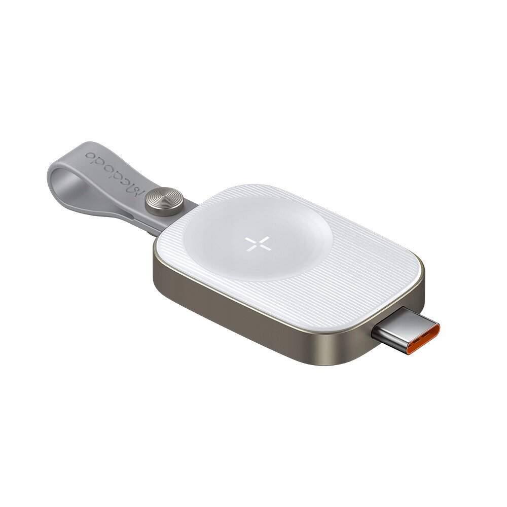 Na obrazie widoczna jest ładowarka indukcyjna z portem USB-C, z białą powierzchnią i szarym paskiem z napisem \'mcdodo\'.
