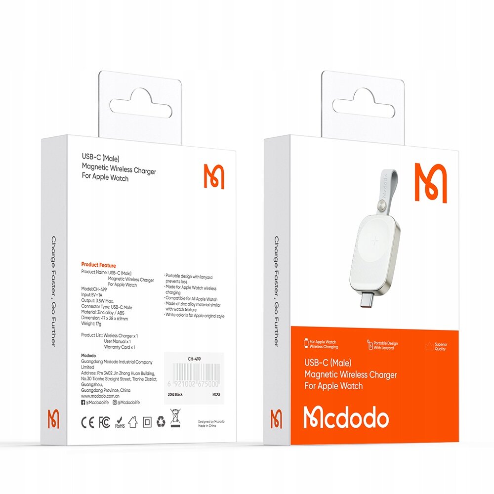 Opakowanie produktu Mcdodo z ładowarką indukcyjną USB-C do Apple Watch, z widocznym logo Mcdodo. Na opakowaniu znajdują się informacje o produkcie, takie jak \'USB-C (Male) Magnetic Wireless Charger For Apple Watch\' oraz cechy produktu.