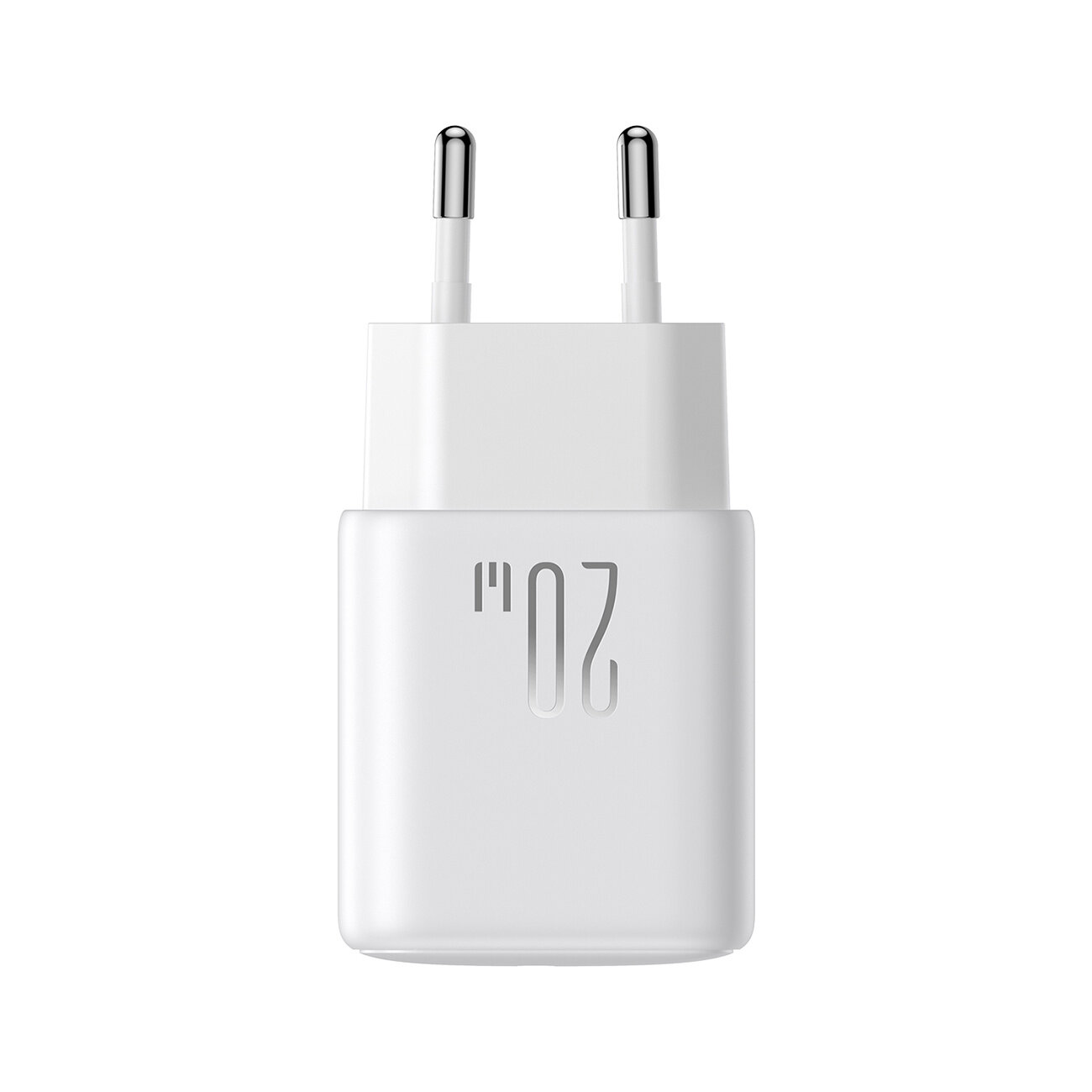 Biała ładowarka sieciowa z dwoma metalowymi bolcami i napisem \'20W\' na obudowie.
